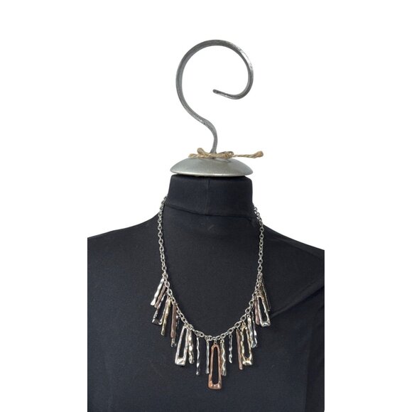Mixed Metal Statement Necklace With Hammered Geometric Pendants & Lobster Clasp - Picture 1 of 8